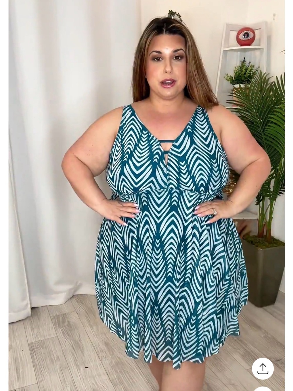 Plus Teal and White Chevron Print Swimdress